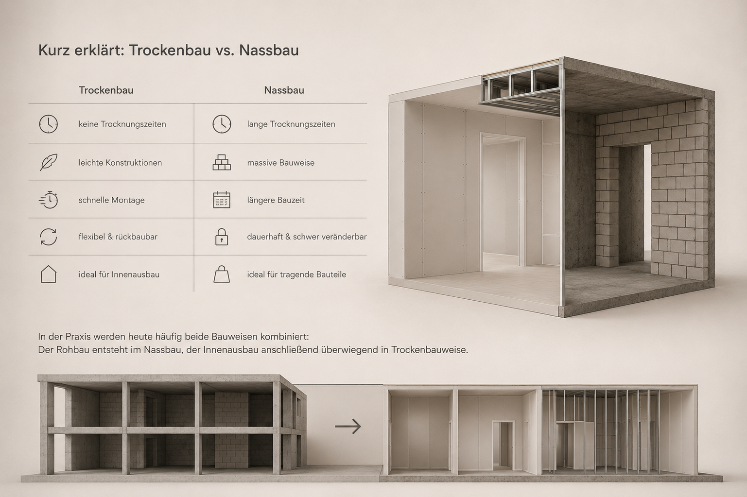 Was ist der Unterschied zwischen Trockenbau und Nassbau?