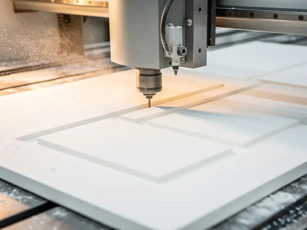 CNC-Fräsmaschine schneidet geometrische Formen in eine weiße Gipskartonplatte, feiner Staub im warmen Werkstattlicht sichtbar.