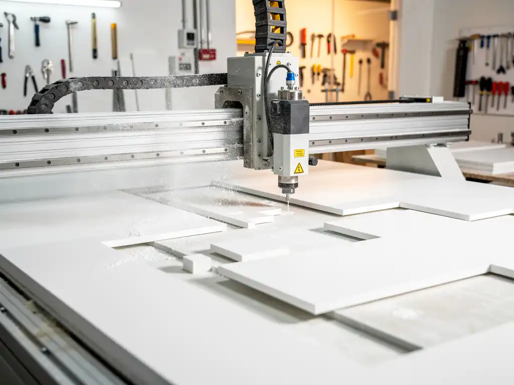 CNC-Fräsmaschine schneidet präzise geometrische Formen in eine weiße Gipskartonplatte, feiner Staub im Werkstattlicht.