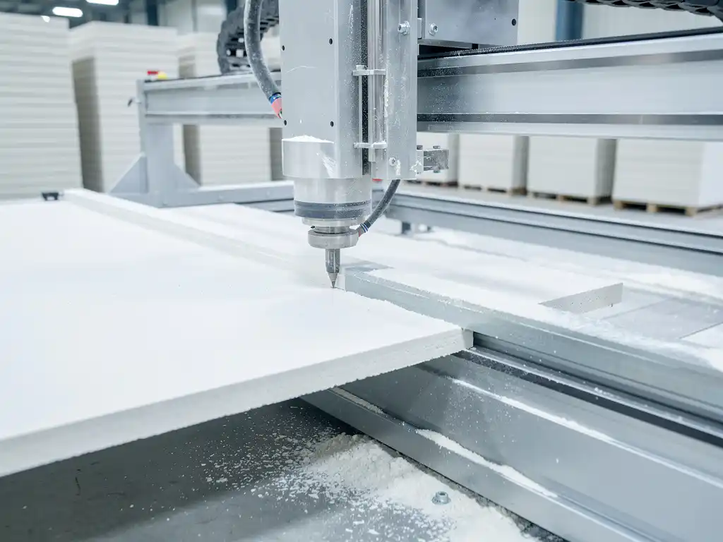 CNC-Fräsmaschine schneidet präzise eine Gipskartonplatte in einer hellen Fertigungshalle, weißer Staub auf der Metalloberfläche.