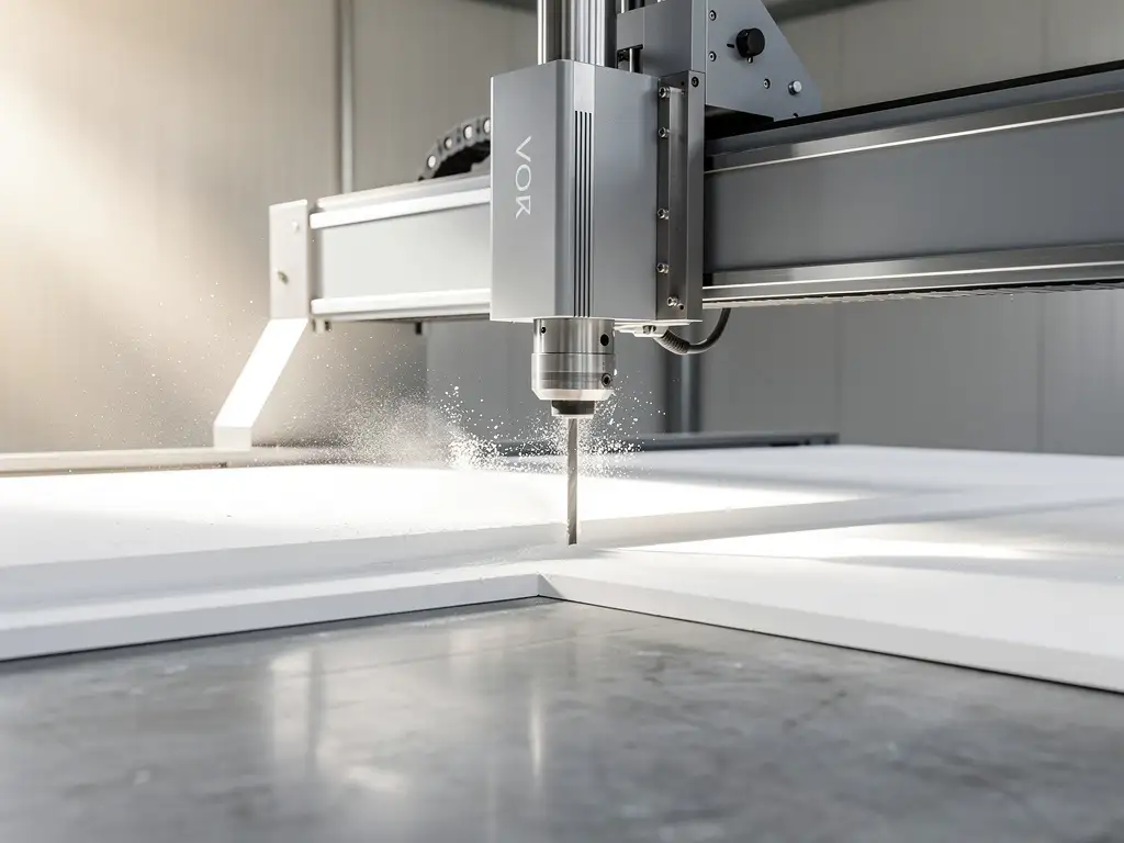 CNC-Fräsmaschine schneidet präzise Kanten in eine Gipskartonplatte, feiner weißer Staub schwebt in der Luft einer modernen Werkstatt.