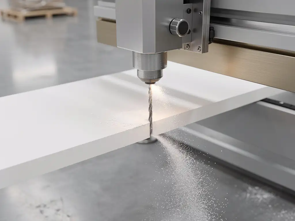 Fräsmaschine schneidet präzise Kante in Gipskartonplatte, feiner Staub wird von integrierter Absaugdüse erfasst.