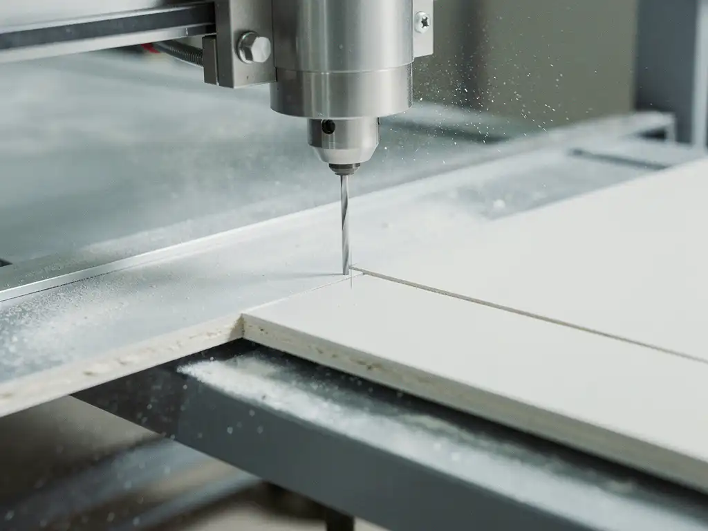 Präzisionsfräsmaschine schneidet Gipskartonplatte, feiner weißer Staub in der Luft, scharfe geometrische Schnittkanten in Nahaufnahme.