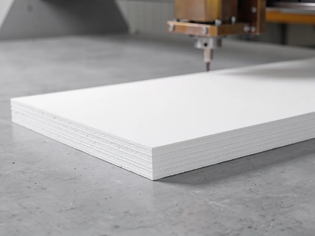 Gefräste Gipskartonplatte auf Werkbank mit sichtbarem CNC-Fräser und frisch geschnittenen Kanten.