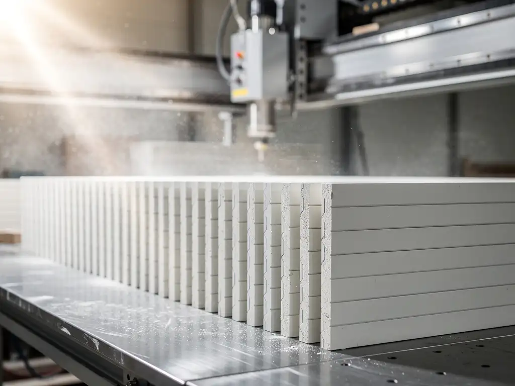 Frisch gefräste Gipskartonplatten in gleichmäßiger Reihe auf Werkbank, CNC-Fräsmaschine im Hintergrund, Trockenbau-Präzisionsschnitt.