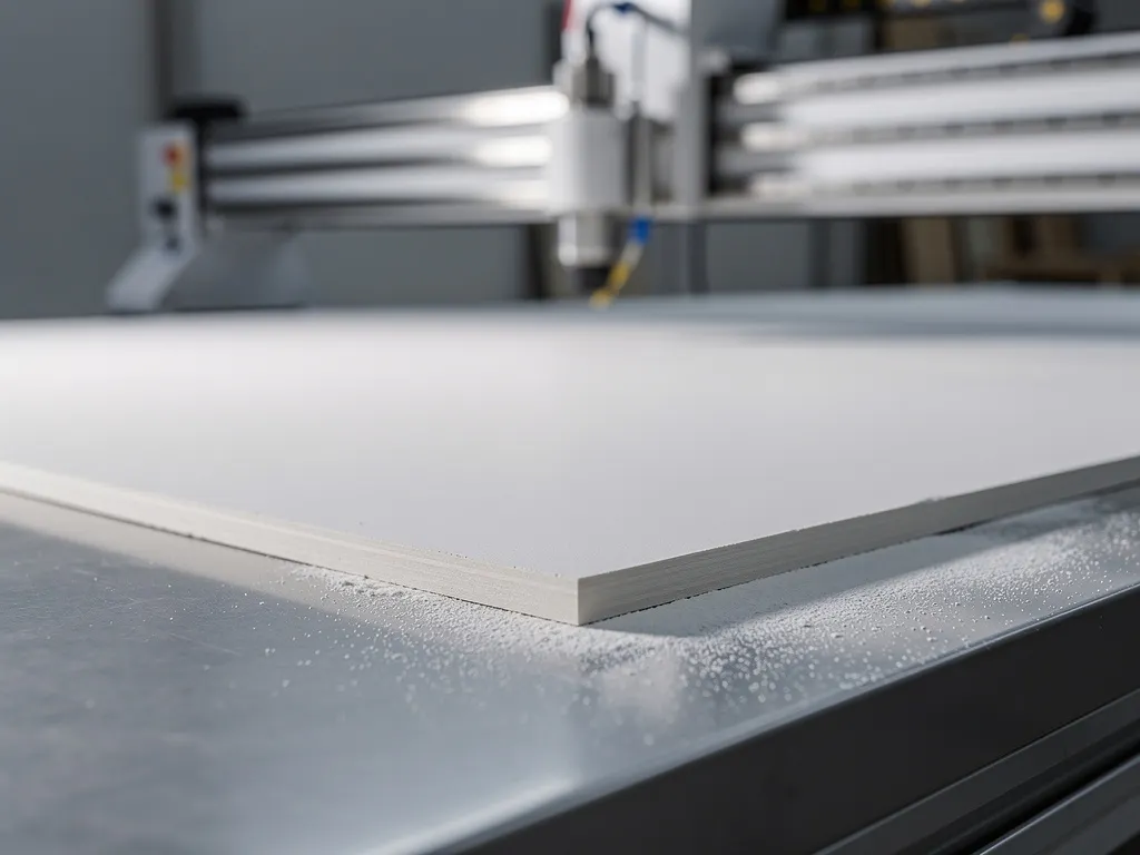Präzise gefräste Gipskartonplatte auf Werkbank, frische Schnittkanten im Licht, CNC-Fräsmaschine im Hintergrund.