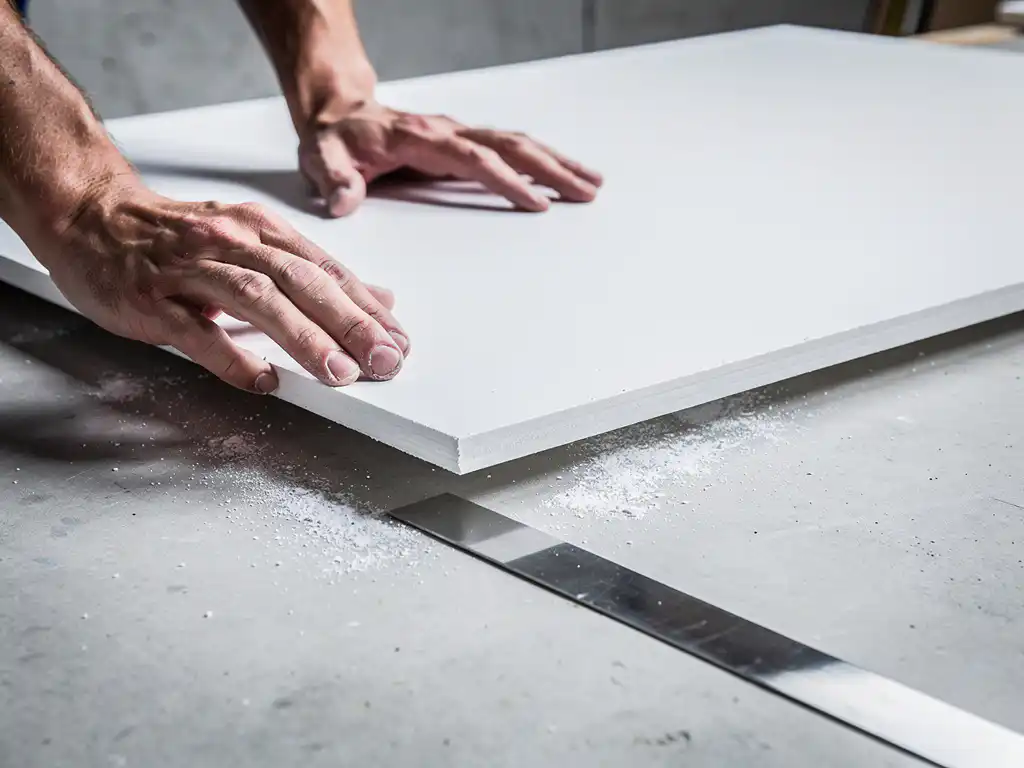 Hände eines Handwerkers positionieren eine Gipskartonplatte präzise auf einem Werkstattuntergrund, weißer Staub und Stahlschneider im Vordergrund.