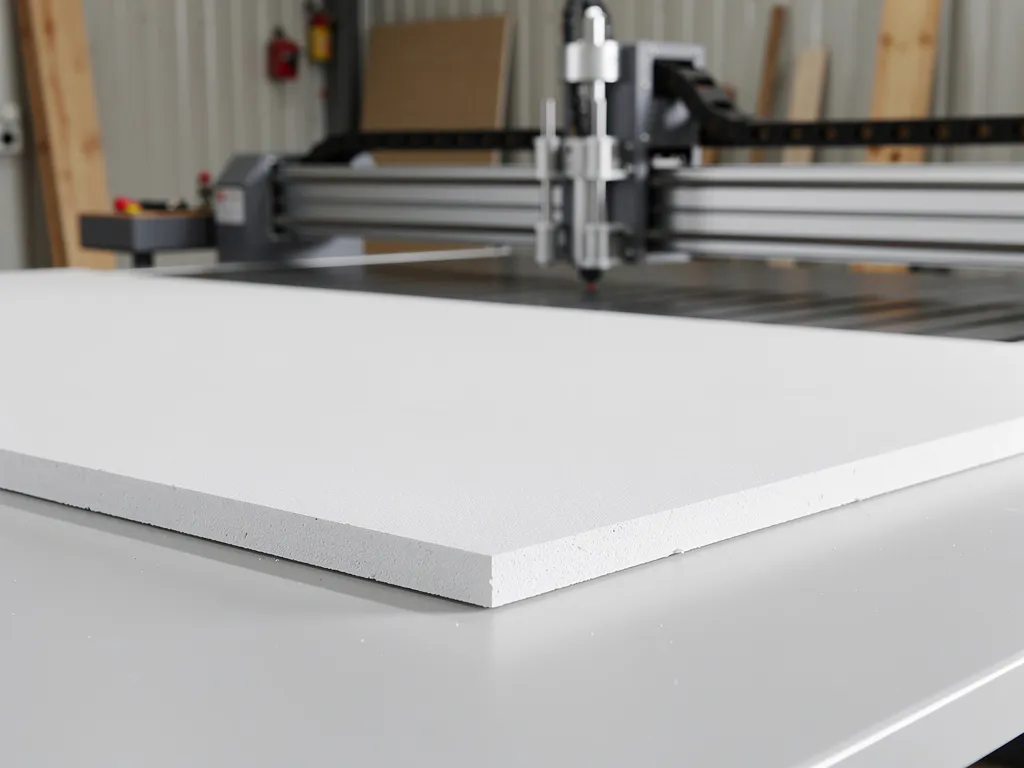 Frisch gefräste Gipskartonplatte auf Werkbank, helle weiße Schnittkanten, CNC-Frästisch mit Aluminiumschienen im Hintergrund.