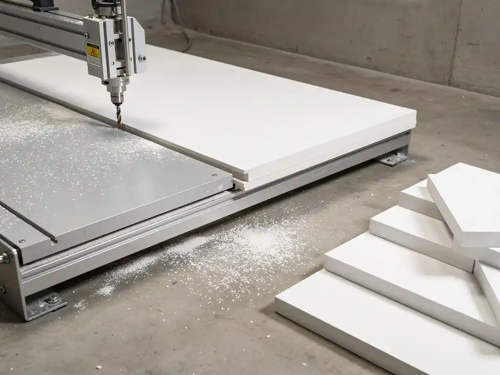 Präzisionsfräse schneidet Gipskartonplatte, feiner weißer Staub auf Werkstattoberfläche, geometrisch angeordnete Zuschnitte daneben.