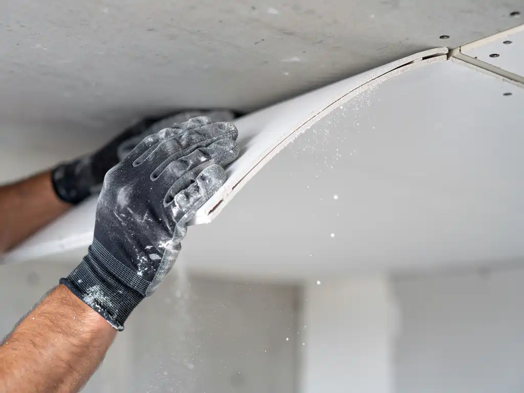 Behandschuhte Hände eines Trockenbauers fügen ein gebogenes Gipskartonpanel präzise in eine Deckenaussparung ein.