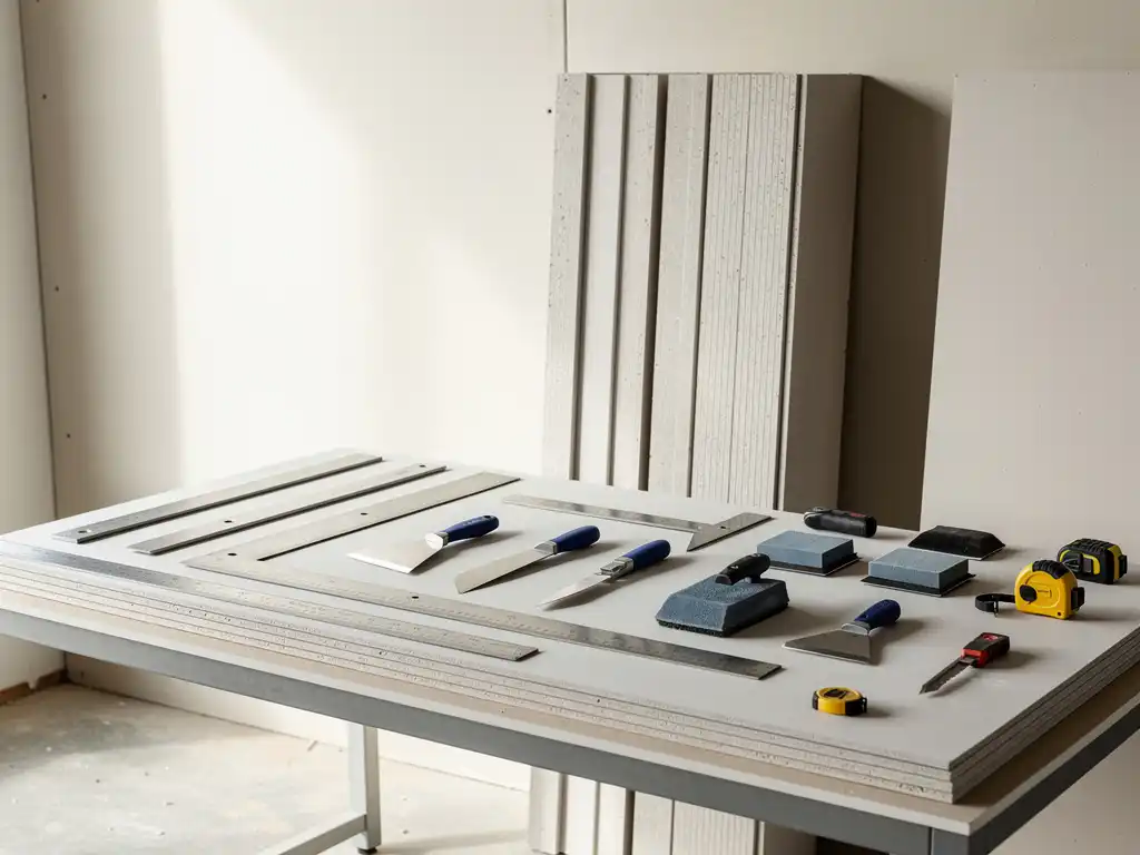 Trockenbauer-Werkstatt mit ordentlich angeordneten Handwerkzeugen auf Werkbank und gestapelten Gipskartonplatten an heller Wand.