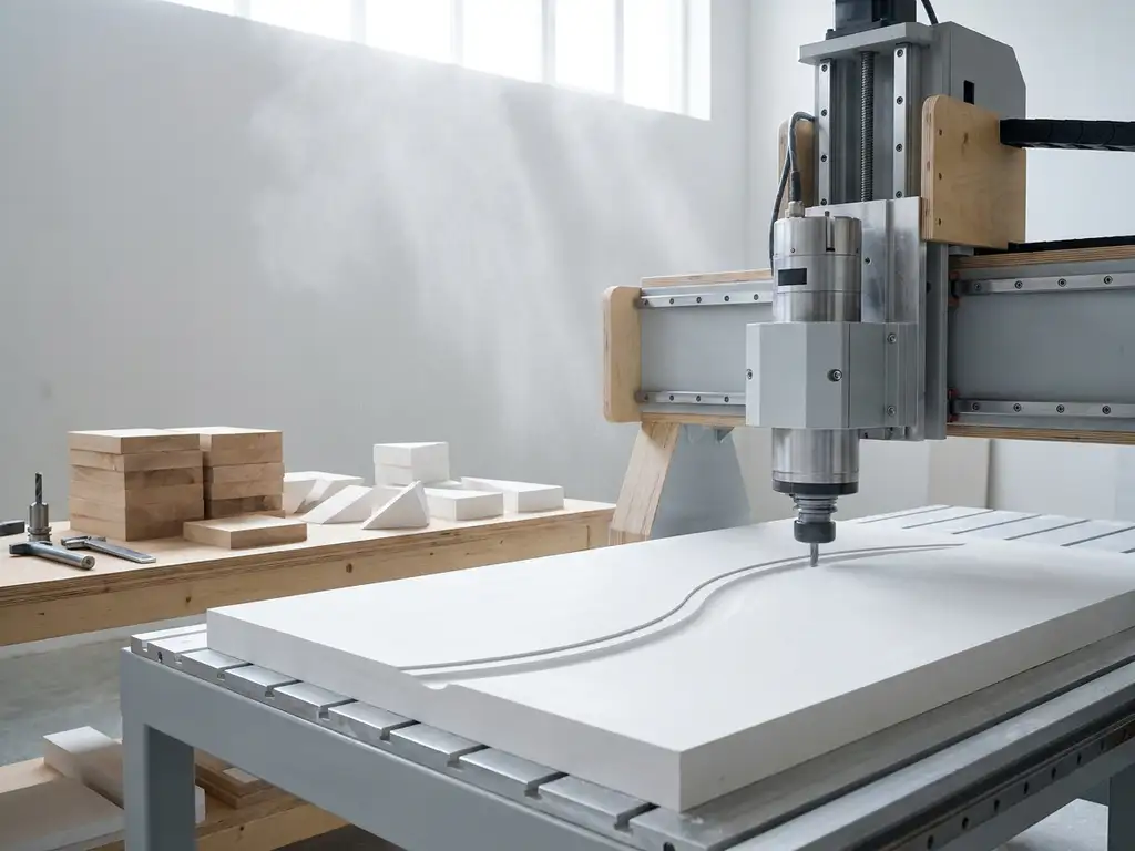 CNC-Fräsmaschine formt ein weißes Gipskartonpanel zu einem geschwungenen Architekturprofil, feiner Staub in hellem Werkstattlicht.