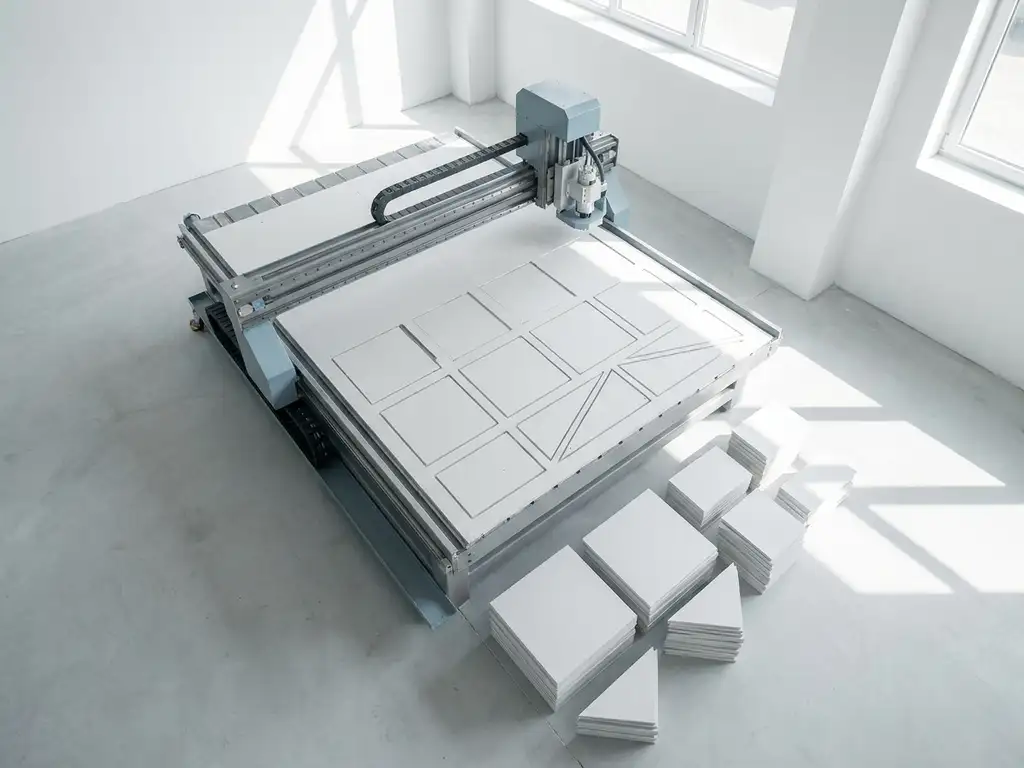 CNC-Fräse schneidet präzise geometrische Formen aus weißen Gipskartonplatten in heller Fertigungshalle.