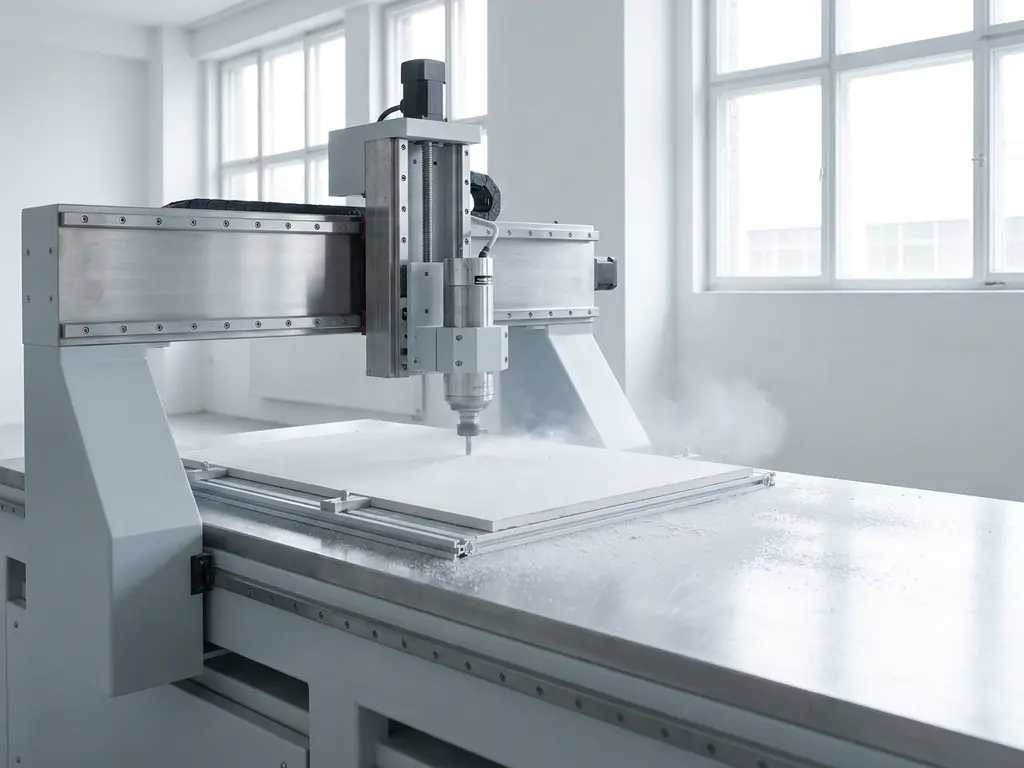 CNC-Fräsmaschine bearbeitet eine weiße Gipskartonplatte, feiner Staub auf der Metalloberfläche, helles Tageslicht im Werkstattinneren.