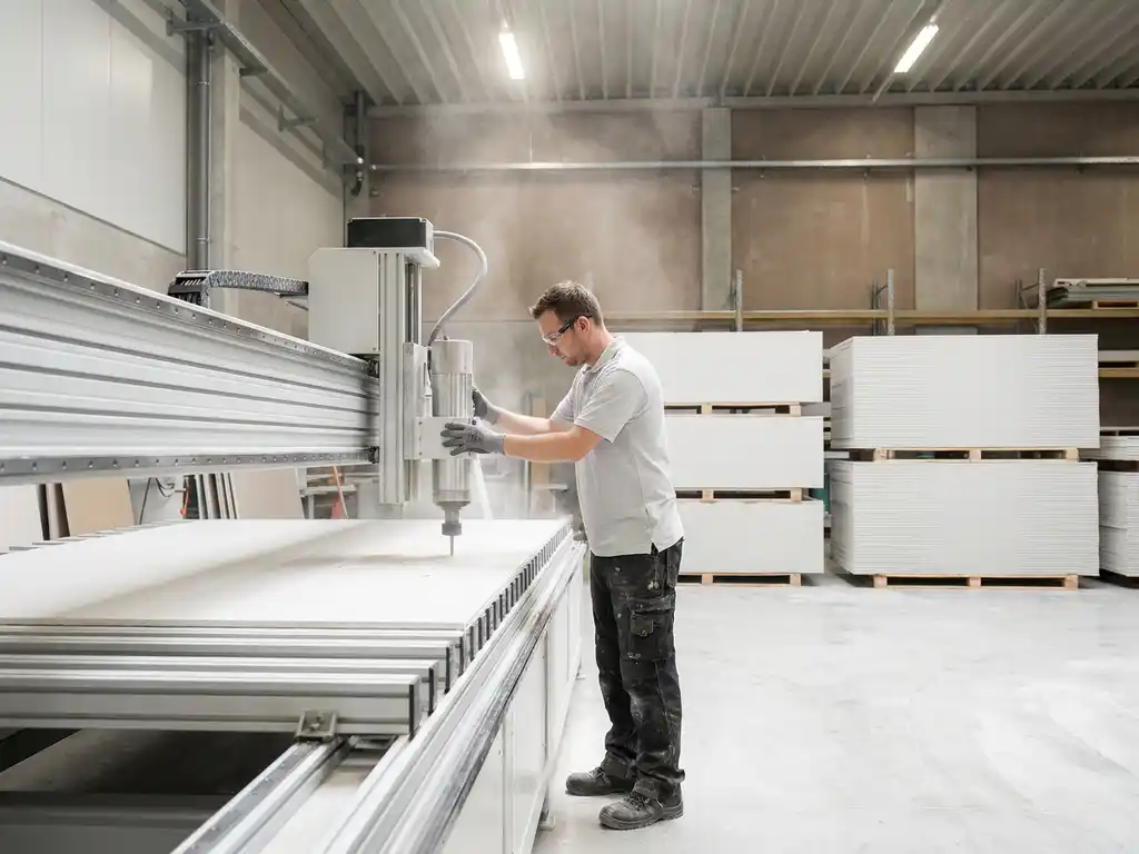 Facharbeiter bedient CNC-Fräsmaschine beim Schneiden einer Gipskartonplatte, feiner weißer Staub im Werkstattlicht sichtbar.