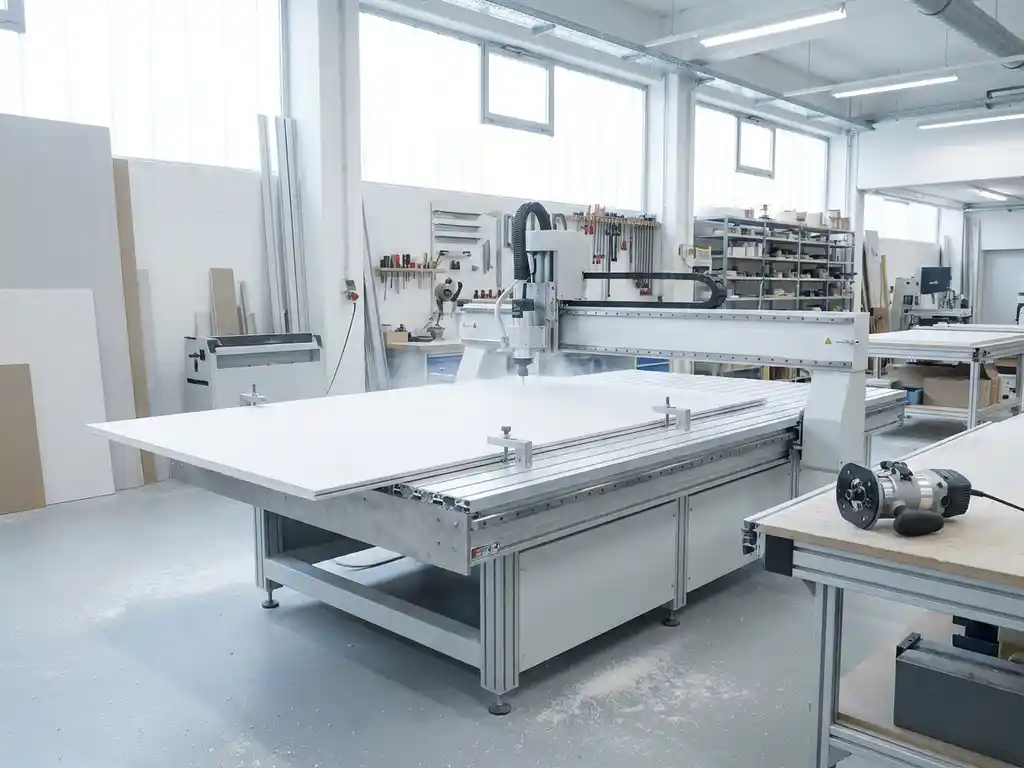 CNC-Frästisch schneidet Gipskartonplatte, feiner weißer Staub auf heller Werkstattoberfläche, Handfräse daneben.