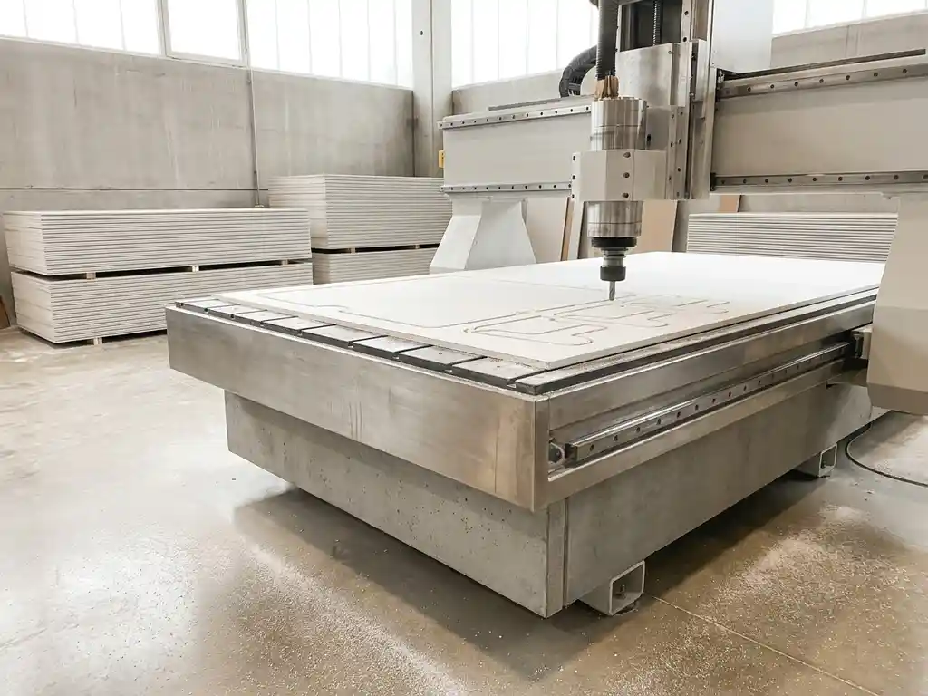 CNC-Fräsmaschine schneidet Gipskartonplatten präzise zurecht, weißer Feinstaub auf Werkstattoberfläche, gestapelte Trockenbauplat