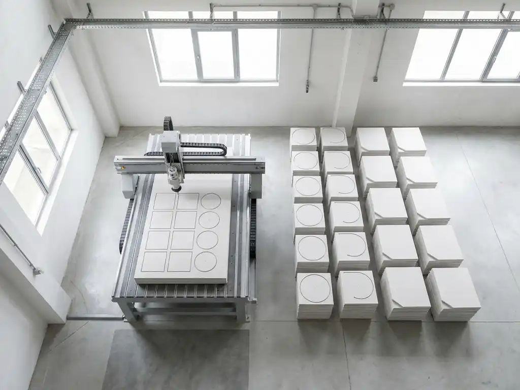 CNC-Fräsmaschine schneidet präzise geometrische Formen aus gestapelten Gipskartonplatten in heller Werkstatt.