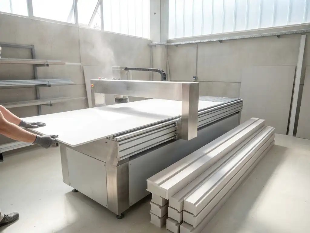 Handwerker führt Gipskartonplatte durch CNC-Fräse, daneben frisch gefräste Fensterlaibungsprofile aus weißem Gips.