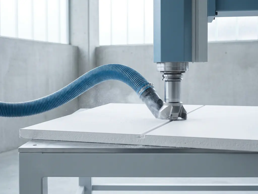 Präzisionsfräser schneidet durch eine weiße Gipskartonplatte, Staubabsaugung angeschlossen, minimalistisches Werkstatt-Setting.