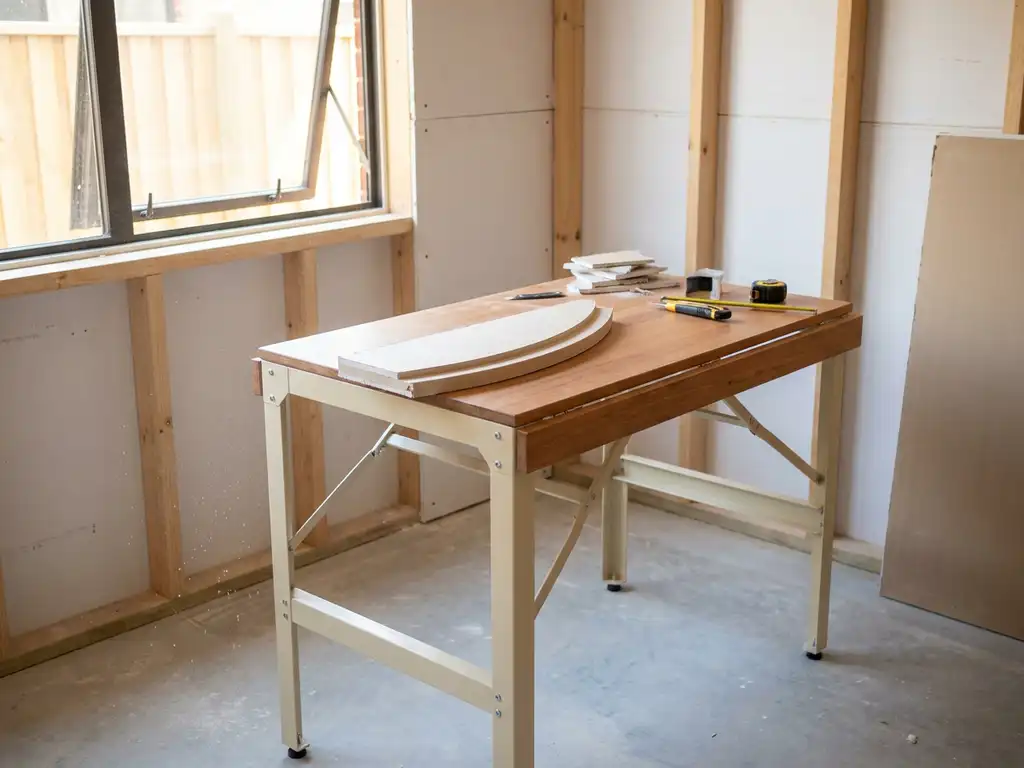 Kompakter Klapptisch mit präzise gefrästem Trockenbau-Bogenprofil auf einer Baustelle mit Holzrahmenkonstruktion und Tageslicht.