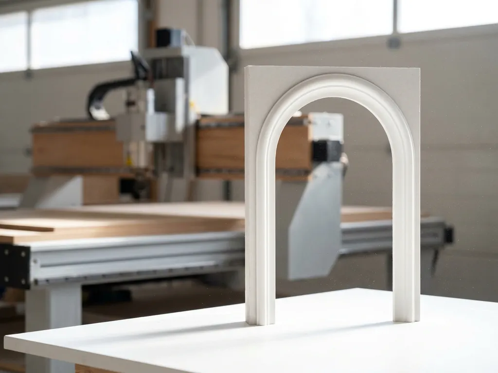 Präzise gefräste Gipskarton-Bogenplatte auf weißem Werkstatttisch, CNC-Fräsmaschine unscharf im Hintergrund.