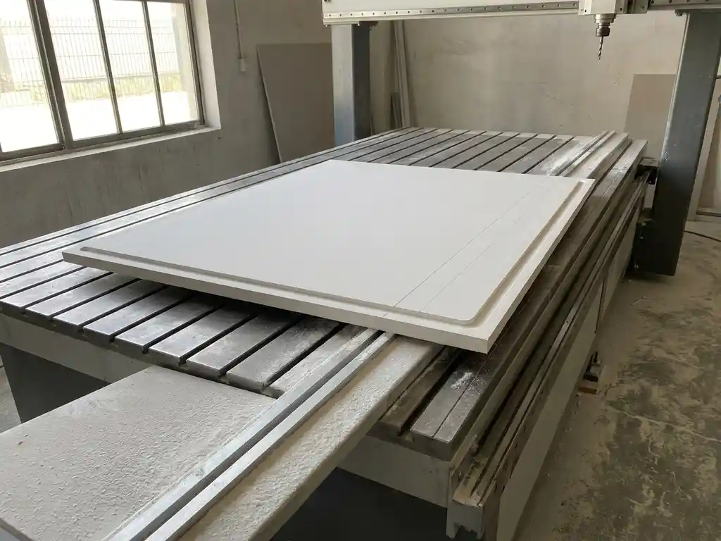 Gipskartonplatte mit gefrästem Rand auf CNC-Frästisch, verschobene Führungsschiene und feiner weißer Staub als typischer Anfängerfehler.