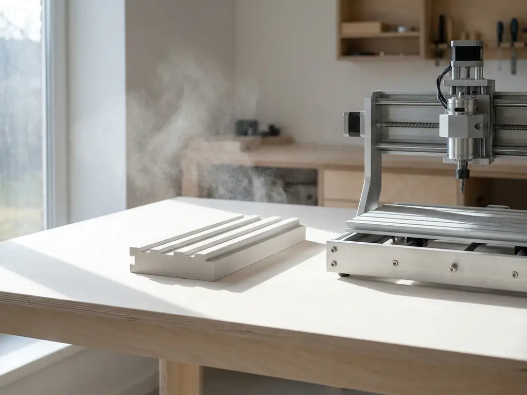 Gefrästes Gipskartonprofil auf weißem Werkstatttisch neben CNC-Fräsmaschine, feiner weißer Staub im Seitenlicht sichtbar.
