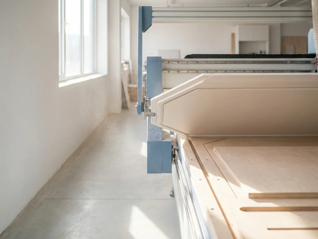 CNC-gefrästes Gipskartonplattenpanel auf Werkstatttisch, präzise geschnittene Kanten im natürlichen Fensterlicht.