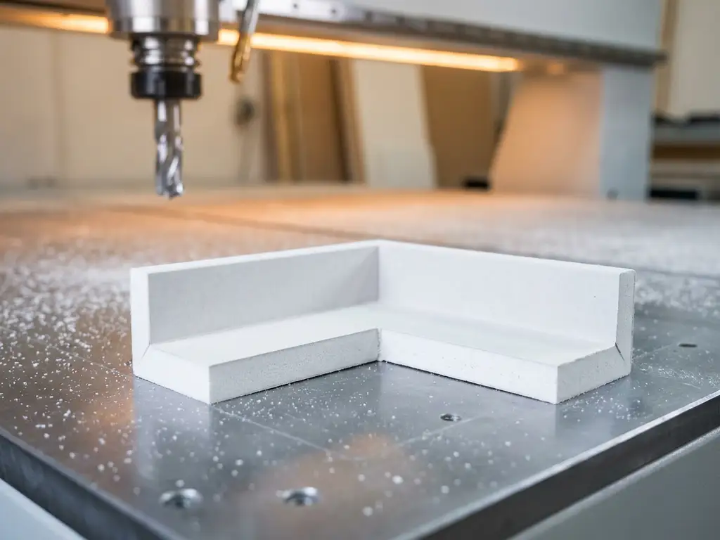 L-förmiges Gipskarton-Eckstück auf CNC-Frästisch mit feinem weißem Staub und Fräser im Hintergrund.