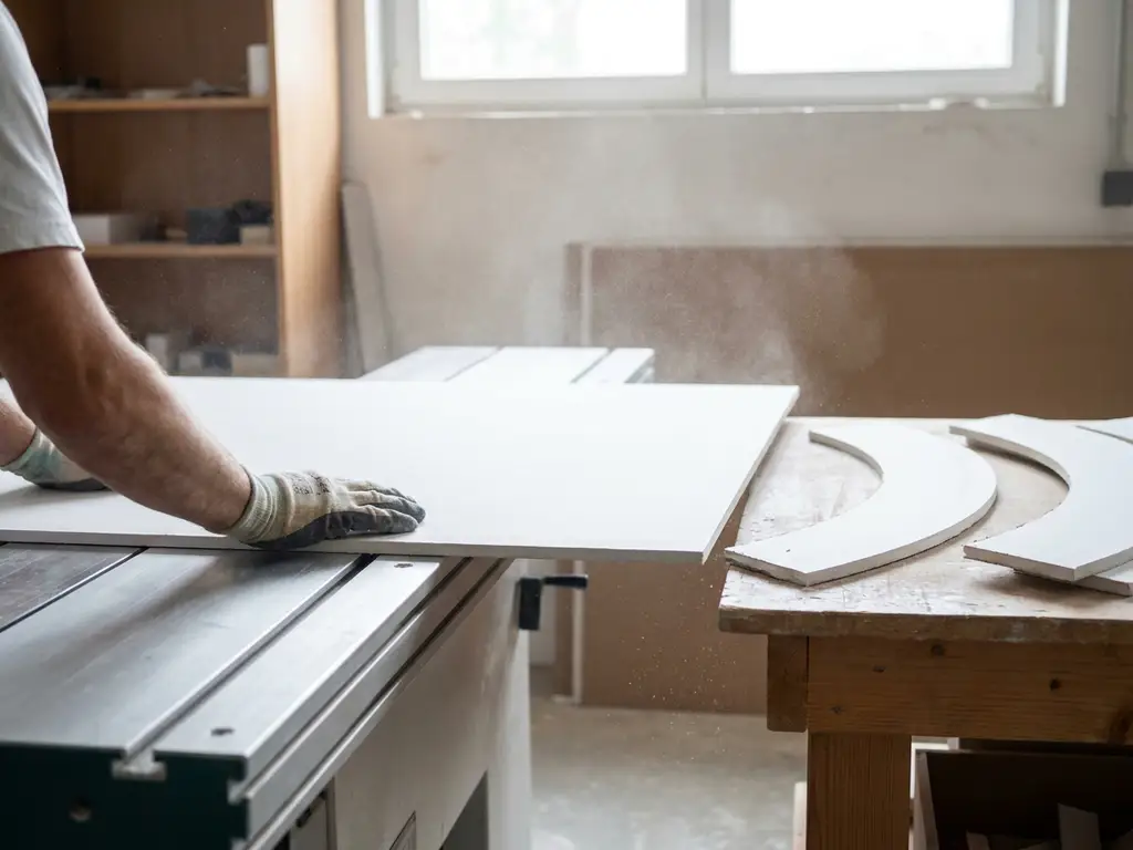 Handwerker führt Gipskartonplatte über Frästisch, gebogene Trockenbauprofile und feiner weißer Staub im hellen Werkstattlicht.