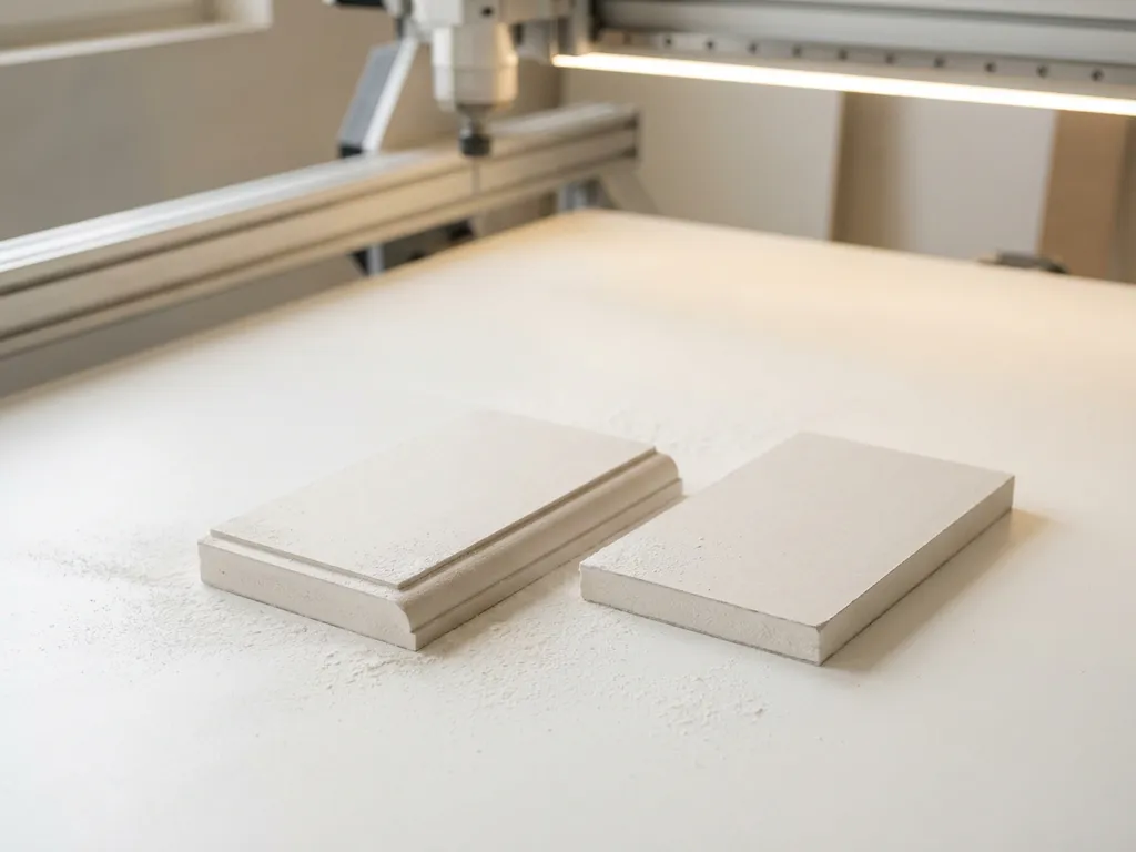 CNC-gefrästes Gipskartonprofil neben gesägtem Gegenstück auf weißer Werkstattoberfläche mit feinem Staubbesatz an den Schnittkanten.