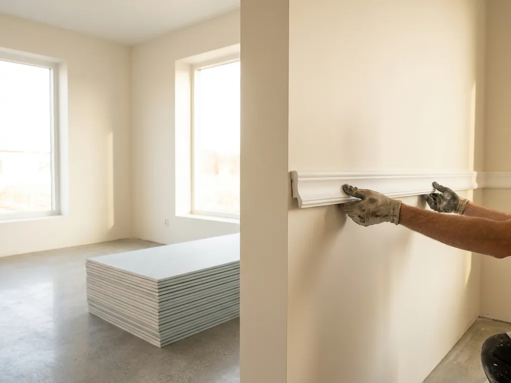Handwerker fügt Gipskarton-Zierleiste präzise in weiße Innenwand ein, gestapelte Trockenbauplatte auf Betonboden im Hintergrund.