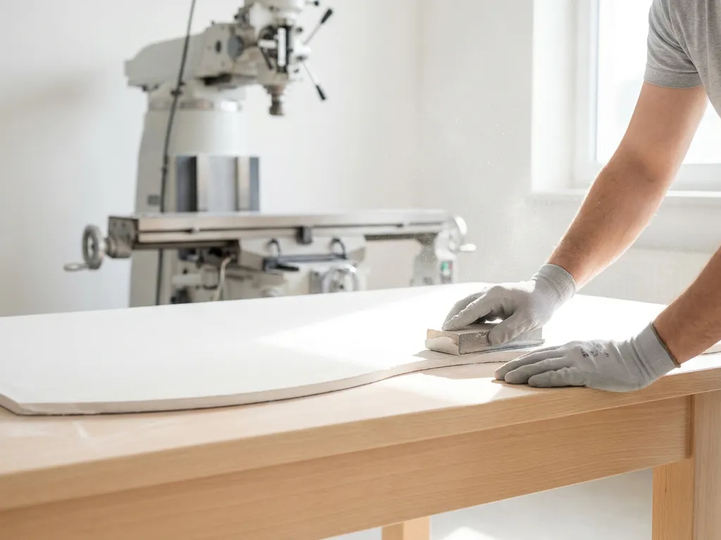 Handwerker formt gebogenes Gipskartonpanel auf Werkstatttisch, präzise Schnittkanten und Gipsstaub im Tageslicht sichtbar.