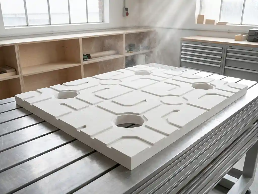 Präzisionsgefräste Gipsplatte mit geometrischen Schnitten auf CNC-Frästisch in heller Vorfertigung­swerkstatt, weißer Feinstaub im Tageslicht.
