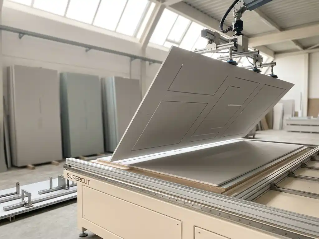 Gipskartonplatte mit präzisen geometrischen Ausschnitten wird auf einen CNC-Frästisch in einer modernen Vorfertigung gehoben.