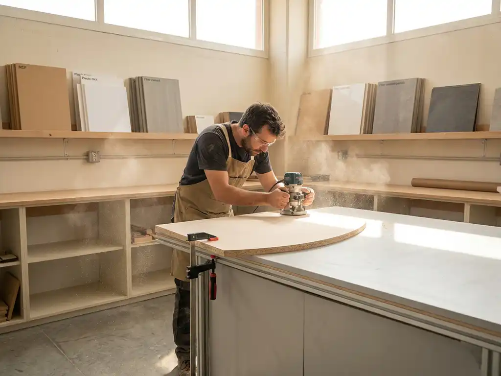Handwerker fräst gebogenes Verbundholzpanel auf Werkbank, umgeben von MDF-, Kunststoff- und Faserzementplatten-Mustern in hellem Workshop.