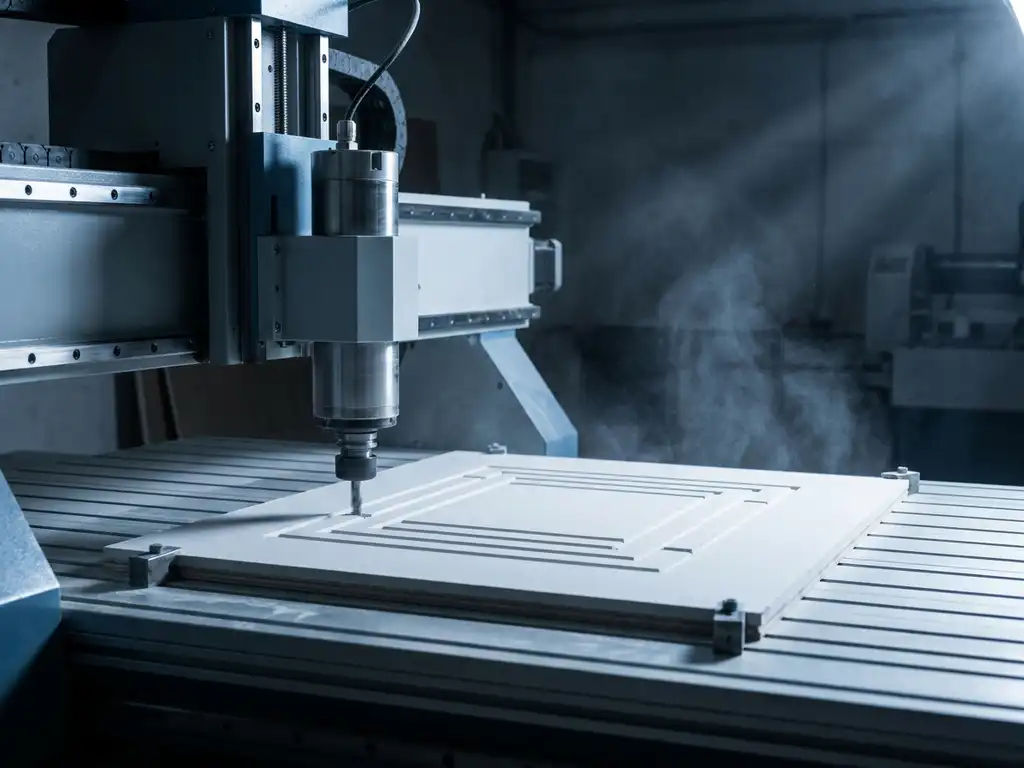 SUPERCUT CNC-Fräse schneidet präzise geometrische Form in weißes Gipskartonpanel, Staubpartikel in der Luft, industrielle Werkstattumgebung.