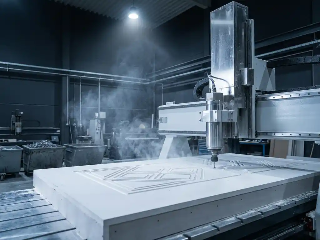 CNC-Fräsmaschine schneidet geometrische Formen in Gipskartonplatte, weißer Staub in der Luft, industrielle Werkstatt.