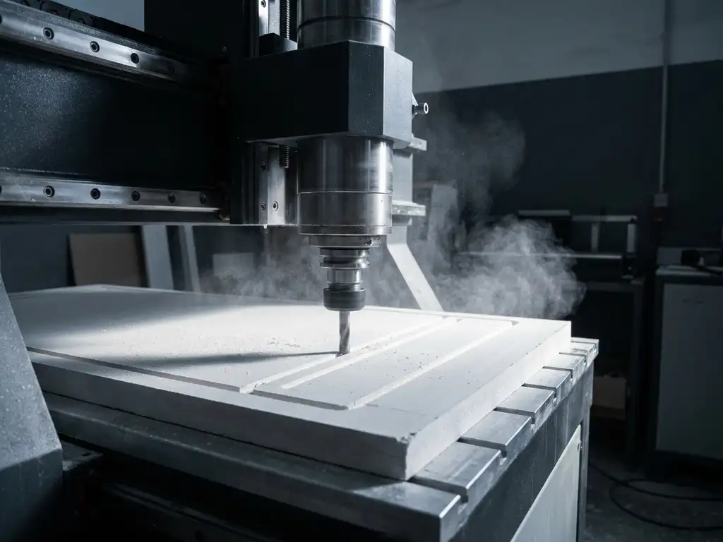 Präzisionsfräsmaschine schneidet Gipskartonplatte, feiner weißer Staub in der Luft, industrielle Werkstattumgebung.