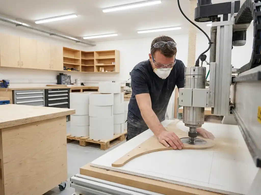 Handwerker fräst ein geschwungenes Lichtcoving-Profil in eine weiße Gipskartonplatte auf einem professionellen Frästisch.