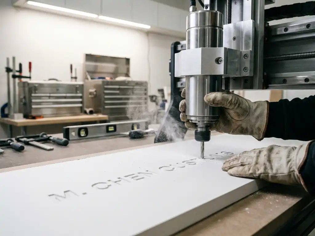 Behandschuhte Hände führen eine Fräsmaschine, die präzise Buchstaben in eine weiße Gipskartonplatte graviert, feiner Staub steigt auf.