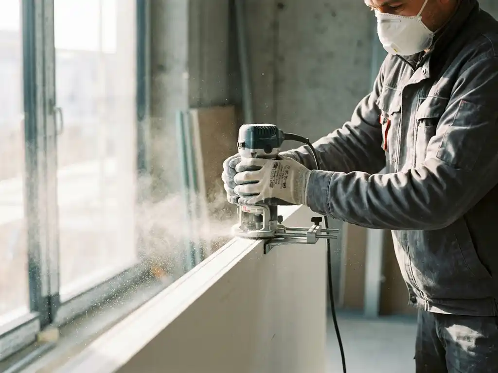 Handwerker fräst präzise Deckenfuge in weiße Gipskartonplatten, feiner Gipsstaub im Werkstattlicht sichtbar.