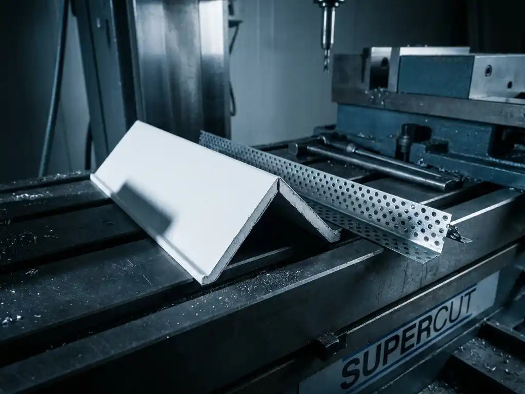 Gefräste Trockenbau-Eckleiste auf SUPERCUT-Frästisch neben Metalleckschiene, scharfe Schnittkanten aus Gipskarton im Industrieworkshop.
