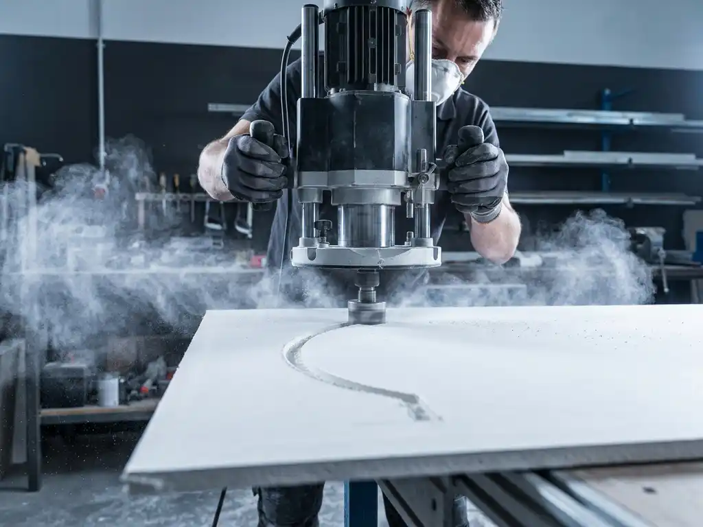 Handwerker fräst präzise Kurvenausschnitte in Gipskartonplatte, weißer Staubaufwirbel, dramatische Seitenbeleuchtung in Industriewerkstatt.