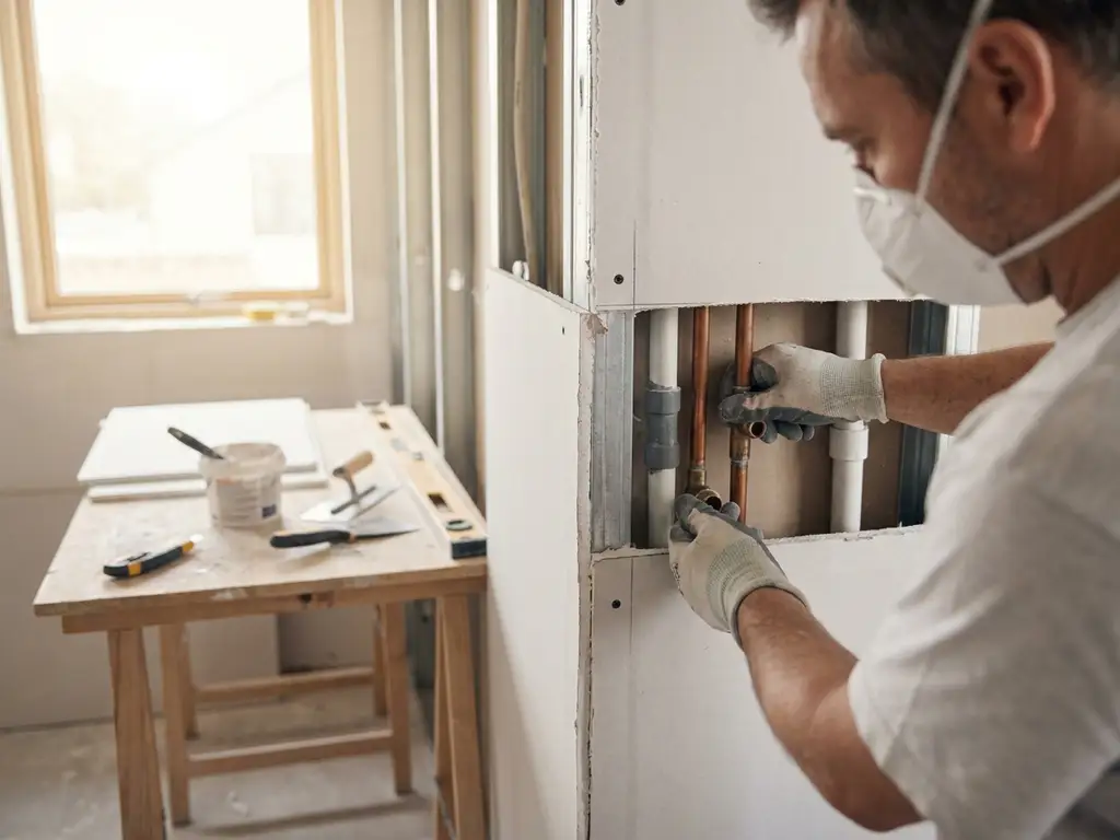 Handwerker passt Gipskartonplatte präzise um freiliegende Rohre an Trockenbau-Innenwand, natürliches Tageslicht.