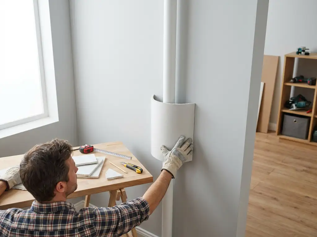 Handwerker befestigt geschwungene Trockenbau-Rohrverkleidung aus Gipskarton um weißes Innenrohr an moderner Wand.