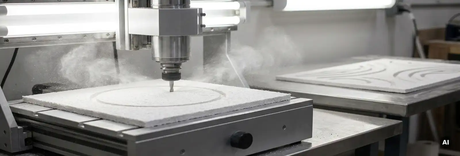 CNC-Fräsmaschine schneidet kreisförmige Aussparung in weiße Akustikdeckenplatte, feiner Staub in der Werkstattluft.