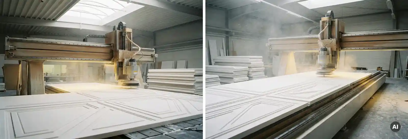 CNC-Fräsmaschine schneidet geometrische Muster in weiße Gipsdeckenplatten in moderner Industriehalle mit Tageslicht.