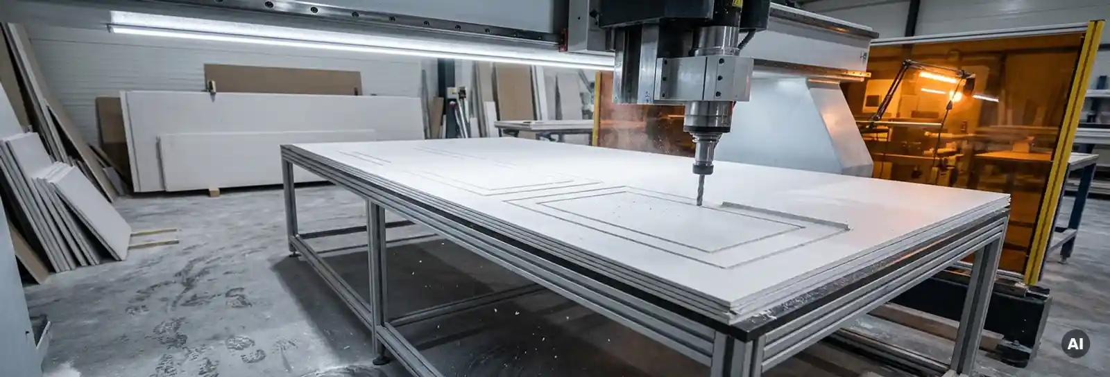 CNC-Fräsmaschine schneidet geometrische Formen in weiße Gipskartonplatten auf einem Industriearbeitstisch.